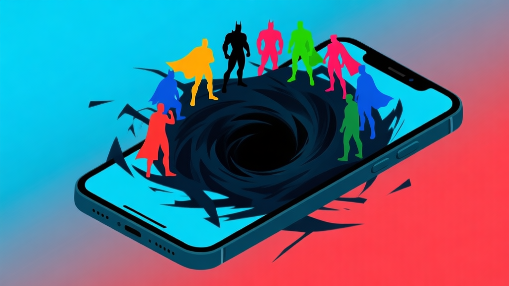 Abstract illustration showing a dark, chaotic vortex affecting a team of colorful hero silhouettes on a mobile phone screen, soft blue and red gradient background, digital art style, representing negative impact on game ecosystem high quality illustration, detailed, 16:9