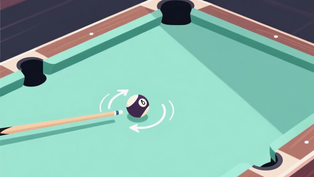 A top-down view of a minimalist 6 Ball Pool table setup, cue ball with visible spin direction arrows, soft shadows, pastel green felt, clean and focused composition, illustrating advanced gameplay strategy high quality illustration, detailed, 16:9