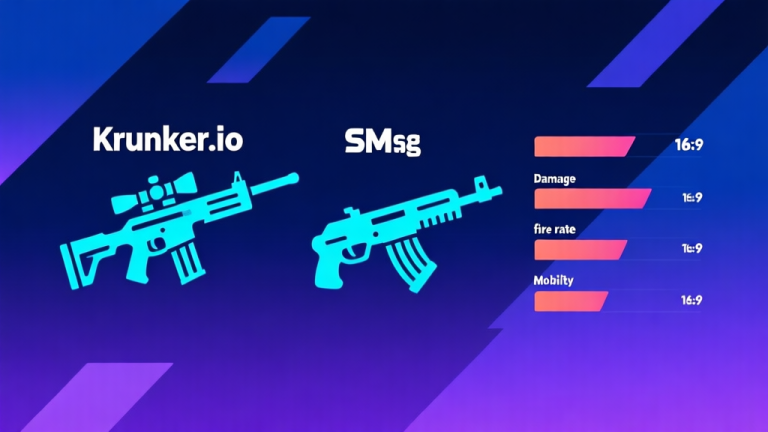 自动生成图片: A dynamic, stylized infographic showing three popular Krunker.io weapon icons (sniper rifle, SMG, assault rifle) with abstract stats bars like damage, fire rate, and mobility next to them, on a dark blue and purple gradient background with geometric shapes, minimalist esports style high quality illustration, detailed, 16:9