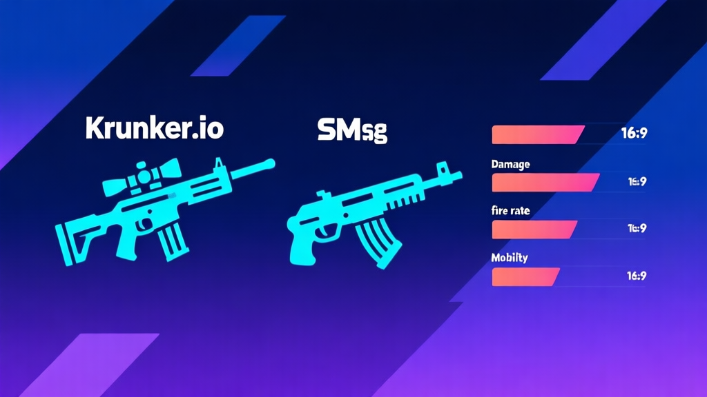 A dynamic, stylized infographic showing three popular Krunker.io weapon icons (sniper rifle, SMG, assault rifle) with abstract stats bars like damage, fire rate, and mobility next to them, on a dark blue and purple gradient background with geometric shapes, minimalist esports style high quality illustration, detailed, 16:9