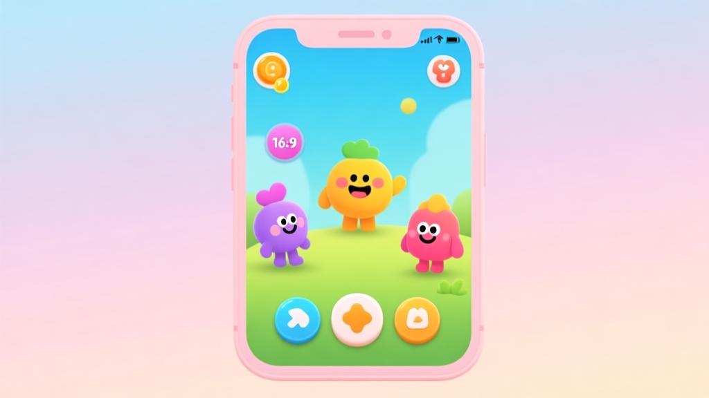 A vibrant, friendly mobile game interface showing colorful cartoon characters and simple interactive buttons, soft pastel background, playful and inviting atmosphere, minimalist design high quality illustration, detailed, 16:9