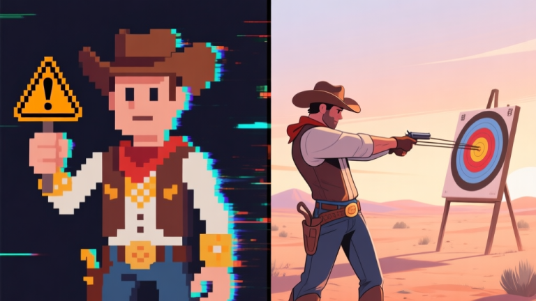 自动生成图片: A split-screen illustration showing contrast: one side depicts a glitching, pixelated cowboy character with a warning sign, representing cheating; the other side shows a clean, skilled cowboy character hitting bullseye targets with precision, on a soft desert background with muted sunset colors, digital art style high quality illustration, detailed, 16:9