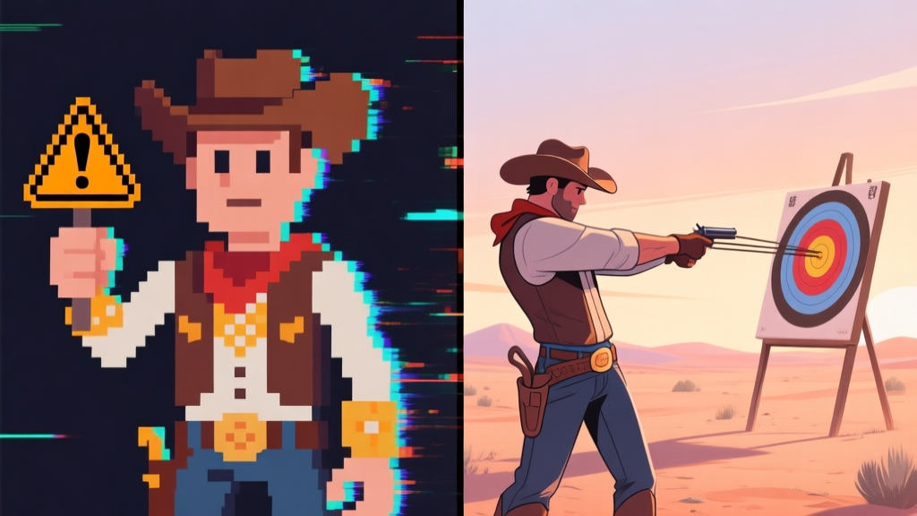 A split-screen illustration showing contrast: one side depicts a glitching, pixelated cowboy character with a warning sign, representing cheating; the other side shows a clean, skilled cowboy character hitting bullseye targets with precision, on a soft desert background with muted sunset colors, digital art style high quality illustration, detailed, 16:9