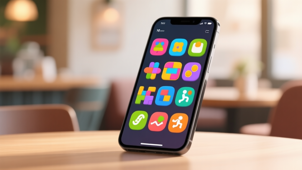 A modern smartphone screen displaying vibrant, colorful icons of various casual games like puzzles, merge games, and simple runners, resting on a soft, blurred background of a cozy cafe setting, warm natural lighting, minimalist composition high quality illustration, detailed, 16:9