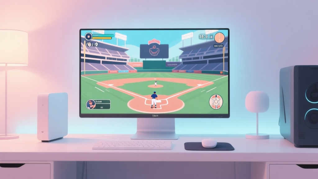 A modern gaming setup with a sports game on screen, showing a stylized baseball stadium scene, soft ambient lighting, clean and minimalist composition, pastel color palette high quality illustration, detailed, 16:9