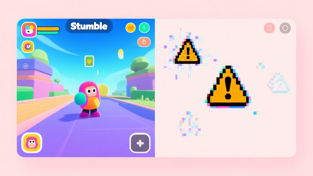 A split-screen illustration showing a smooth, vibrant Stumble Guys gameplay on one side with clear icons, and a glitchy, pixelated version on the other with warning symbols, using a soft pastel color palette and clean minimalist design high quality illustration, detailed, 16:9