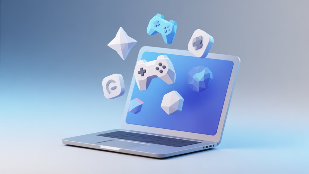 A modern, minimalist illustration of a laptop with abstract, low-poly game icons floating above it, set on a soft gradient background of muted blues and greys, conveying accessibility and performance high quality illustration, detailed, 16:9