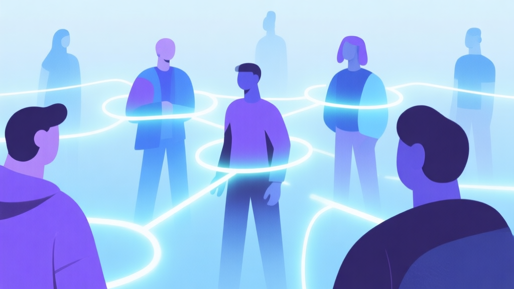 A modern, minimalist illustration of a gaming community, showing abstract figures connected by glowing lines in a soft color palette of blues and purples, representing collaboration and shared creativity in a digital space high quality illustration, detailed, 16:9
