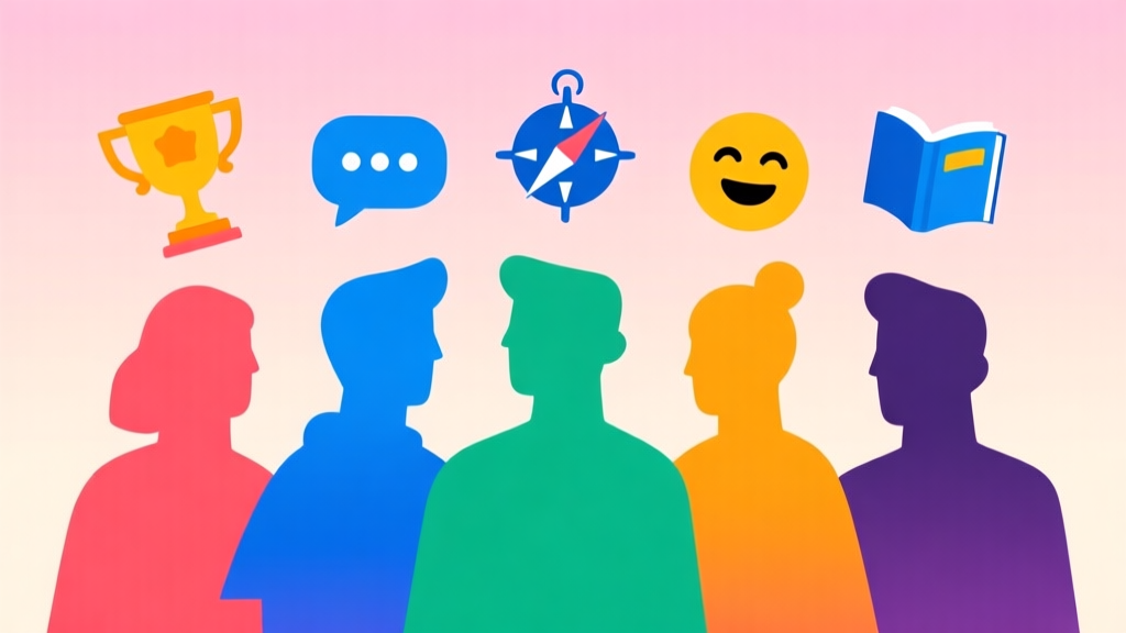 A vibrant, modern illustration showing five distinct character silhouettes, each with a different color and iconic gaming symbol floating above them (like a trophy, a speech bubble, a compass, a relaxed emoji, and a book), set against a soft gradient background. Minimalist, clean design. high quality illustration, detailed, 16:9