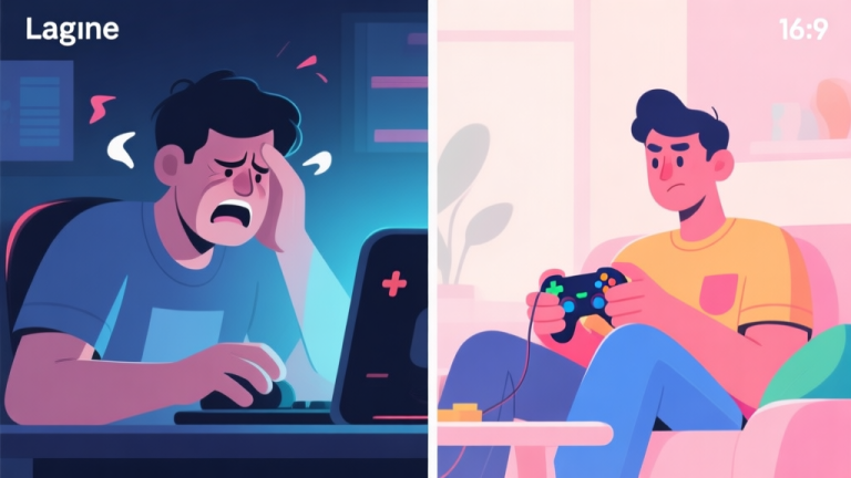 自动生成图片: A split-screen illustration showing a frustrated person with a lagging online game on one side, and a relaxed person enjoying a vibrant offline game on the other, soft pastel colors, modern digital art style high quality illustration, detailed, 16:9