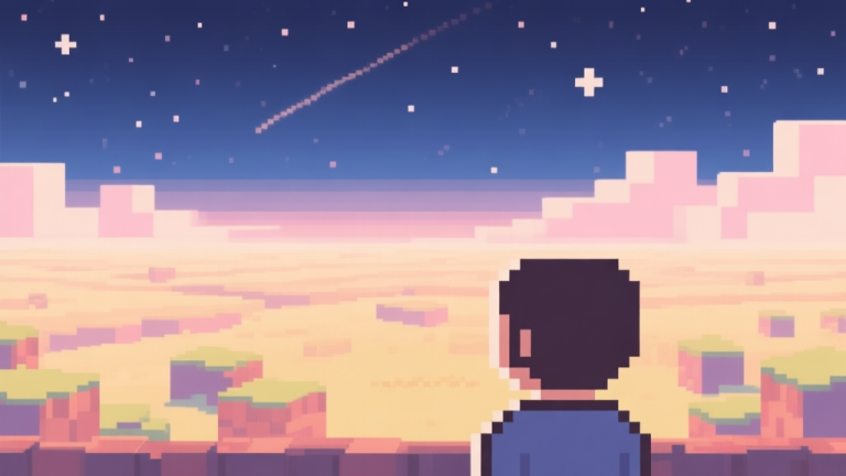 自动生成图片: A simple, warm illustration of a pixelated figure looking at a vast, blocky landscape under a starry sky, soft pastel colors, minimalist and nostalgic game art style high quality illustration, detailed, 16:9