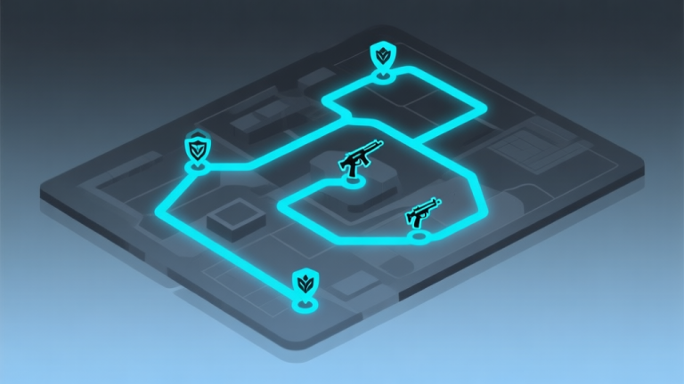 自动生成图片: A dynamic, top-down minimalist map layout with strategic routes highlighted in glowing blue, key weapon icons placed at choke points, soft gradient background in dark grey and blue, clean esports strategy illustration style high quality illustration, detailed, 16:9