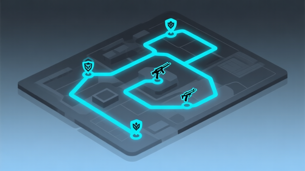 A dynamic, top-down minimalist map layout with strategic routes highlighted in glowing blue, key weapon icons placed at choke points, soft gradient background in dark grey and blue, clean esports strategy illustration style high quality illustration, detailed, 16:9