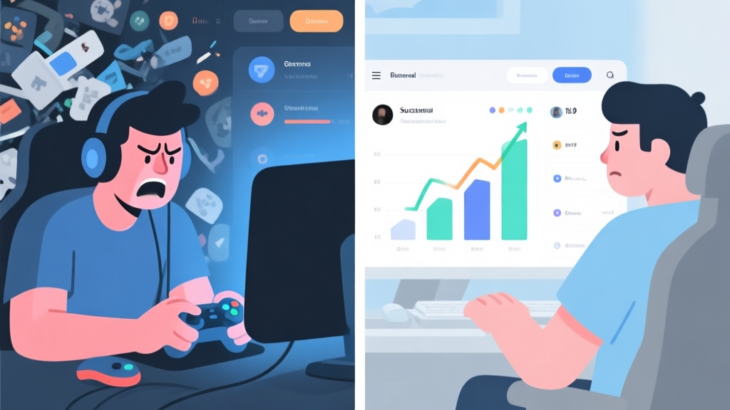 A split-screen illustration showing a frustrated gamer on one side with a messy game UI and a calm, successful gamer on the other side with a clean, organized interface and rising stats, using a soft color palette of blues and grays, minimal and clean digital art style high quality illustration, detailed, 16:9