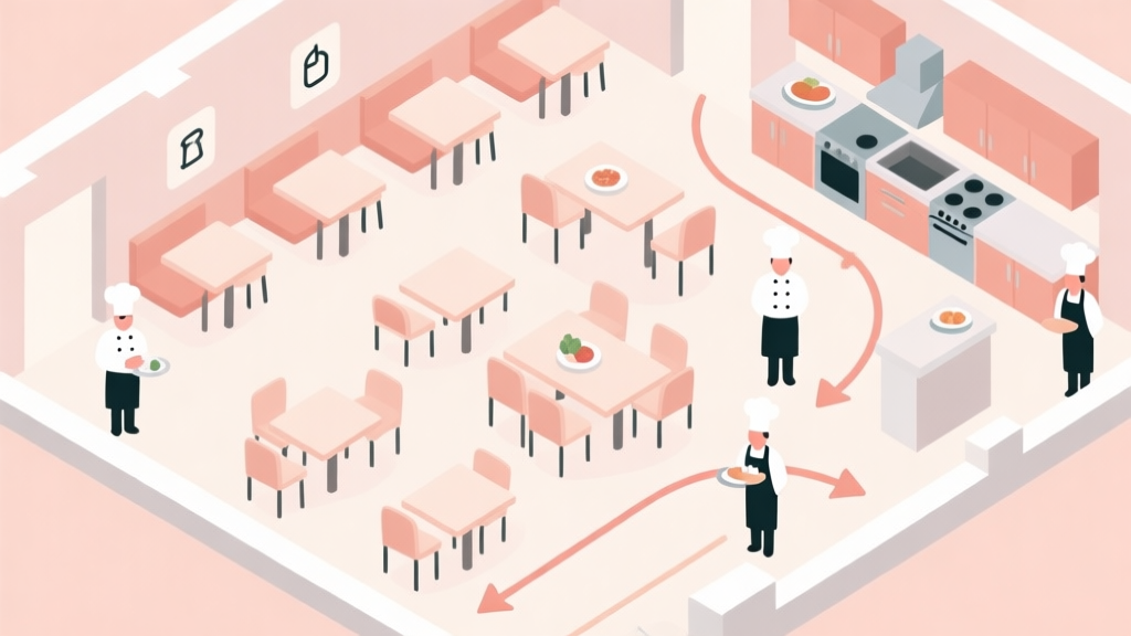 A minimalist top-down view of a restaurant layout, showing an efficient arrangement of tables, kitchen, and service paths. Soft pastel colors, clean lines, icons for chefs and waiters, arrows indicating smooth workflow high quality illustration, detailed, 16:9