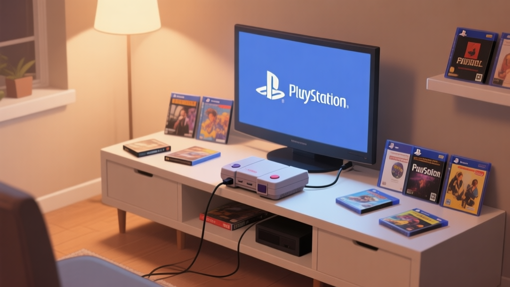 A warm, inviting scene of a modern gaming setup with a PlayStation 1 console connected to an LCD screen, surrounded by a small, curated collection of jewel-case PS1 games. Soft lighting, muted earth tones, and a minimalist aesthetic evoke a sense of curated nostalgia. high quality illustration, detailed, 16:9