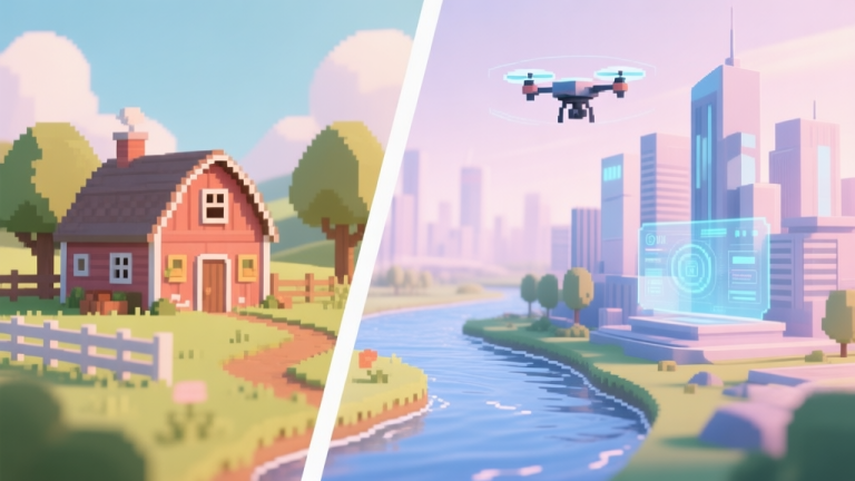 自动生成图片: A split-screen illustration showing a cozy pixel-art farm on one side and a sleek, modern 3D cityscape with drone and holographic UI on the other, connected by a gentle flowing river in the middle, soft pastel color palette, digital art style high quality illustration, detailed, 16:9
