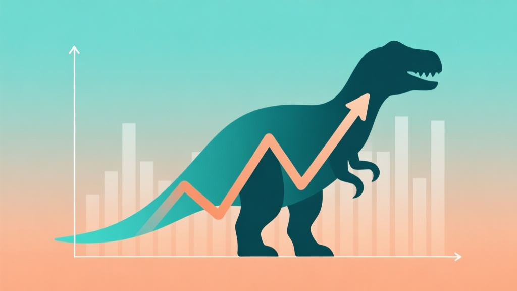 Abstract illustration of a rising trend line merging with a stylized dinosaur silhouette, soft gradient background in teal and muted orange, clean modern design, data visualization concept high quality illustration, detailed, 16:9