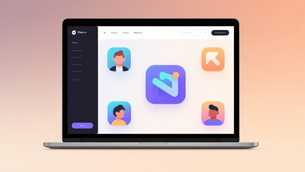 A modern, minimalist digital platform interface on a laptop screen, showing abstract game icons and avatars, set against a soft gradient background of warm neutral colors, clean and professional illustration style high quality illustration, detailed, 16:9