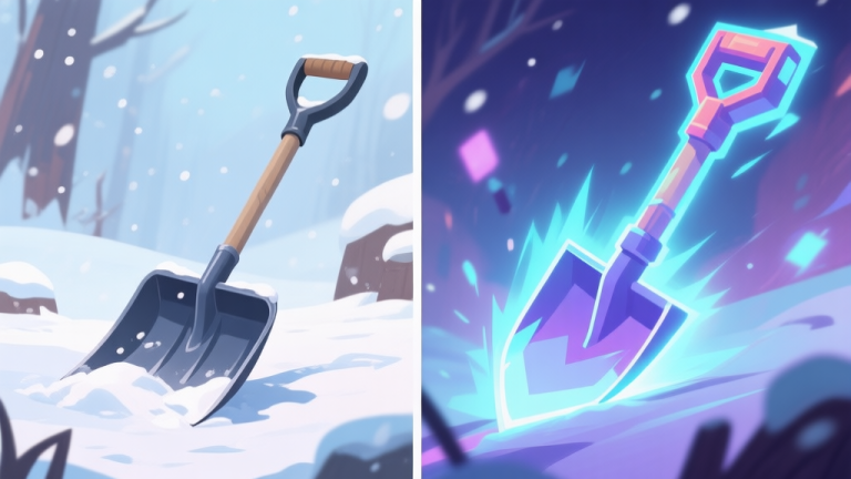 自动生成图片: A split-screen illustration showing a realistic snow shovel on one side and a stylized, exaggerated video game version on the other, with glowing effects and dynamic angles, soft winter color palette, digital art style high quality illustration, detailed, 16:9