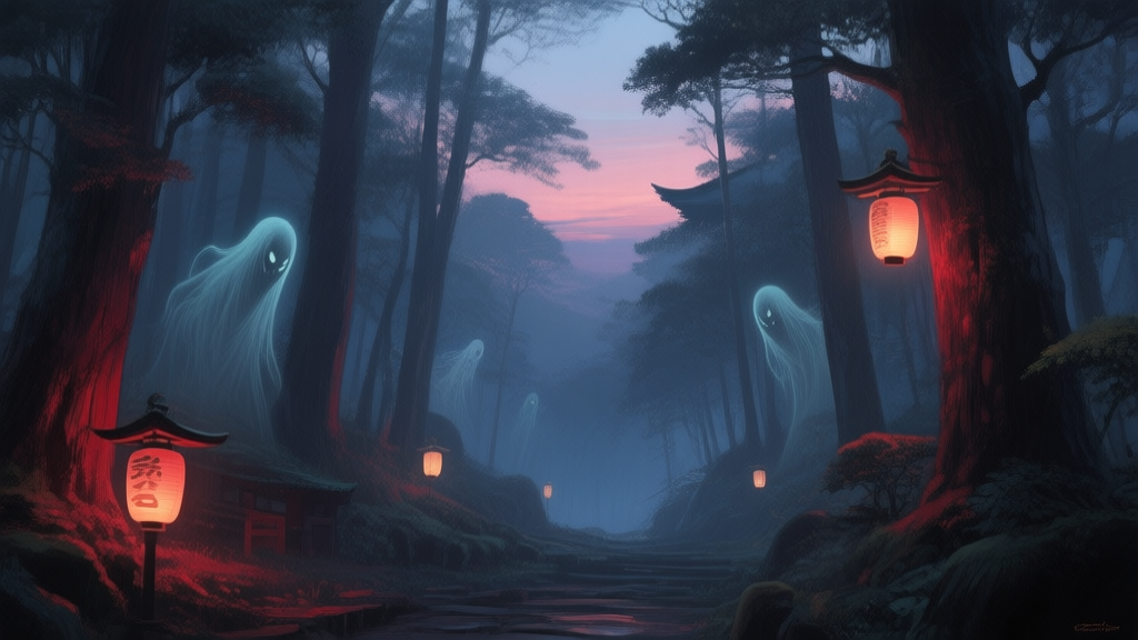 A mysterious and atmospheric digital painting of a traditional Japanese forest at dusk, with subtle, ethereal yokai spirits half-hidden among the trees and lanterns, soft glow, painterly style, muted colors with accents of red and blue high quality illustration, detailed, 16:9