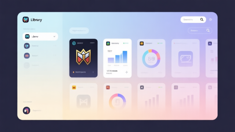 自动生成图片: A modern, minimalist digital library interface showing game icons and data cards organized on a soft gradient background, with subtle search and filter icons, clean and professional design high quality illustration, detailed, 16:9