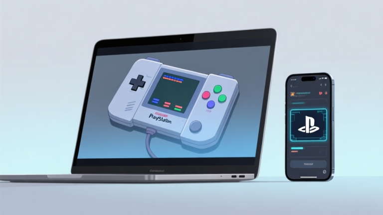 自动生成图片: A modern laptop and smartphone screen side by side, displaying enhanced graphics of a classic PlayStation 2 game, with a subtle nostalgic glow, soft blue and grey color palette, minimalist digital art style high quality illustration, detailed, 16:9