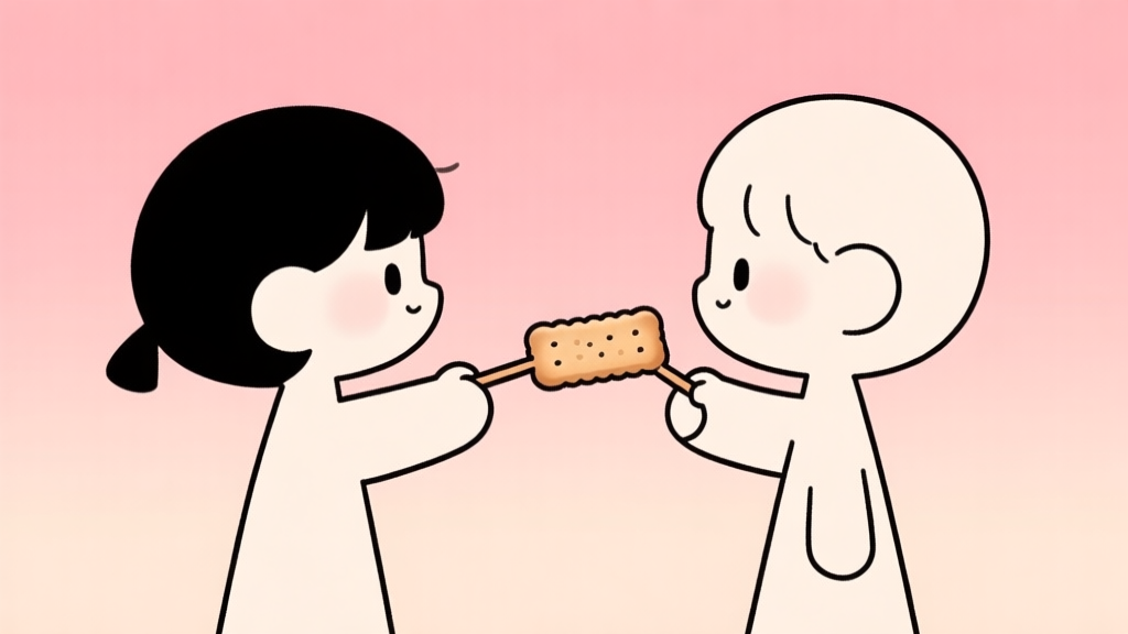 A minimalist, playful illustration of two stylized figures facing each other, each holding one end of a thin stick-like biscuit. Soft pastel background with warm pink and beige tones, clean lines, anime-inspired cute style high quality illustration, detailed, 16:9