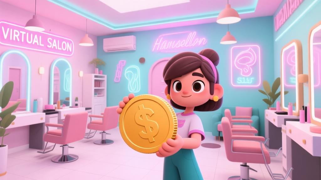 A vibrant, inviting virtual hair salon interior with stylish furniture, neon signs in Indonesian, and a character holding a large coin, digital art style, soft pastel colors, cozy and trendy atmosphere high quality illustration, detailed, 16:9