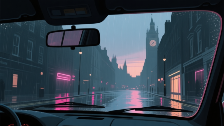 自动生成图片: A moody, cinematic shot of a rainy London street at dusk, viewed from a low angle as if from a car windshield, with soft neon reflections on wet asphalt, minimalist detail, film noir atmosphere high quality illustration, detailed, 16:9