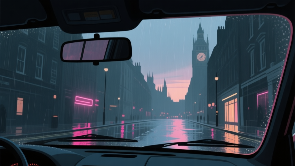 A moody, cinematic shot of a rainy London street at dusk, viewed from a low angle as if from a car windshield, with soft neon reflections on wet asphalt, minimalist detail, film noir atmosphere high quality illustration, detailed, 16:9