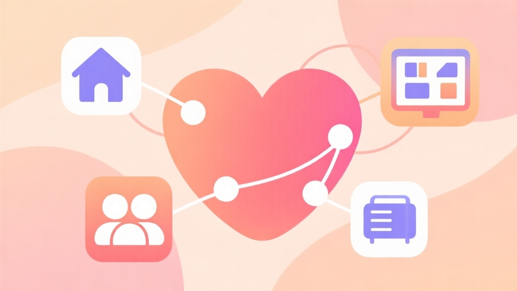 Abstract illustration of a digital heart connected to various icons representing home, school, friends, and hobbies, using a soft pastel color palette with warm tones, clean and minimalist design, conveying personal connection and virtual life high quality illustration, detailed, 16:9