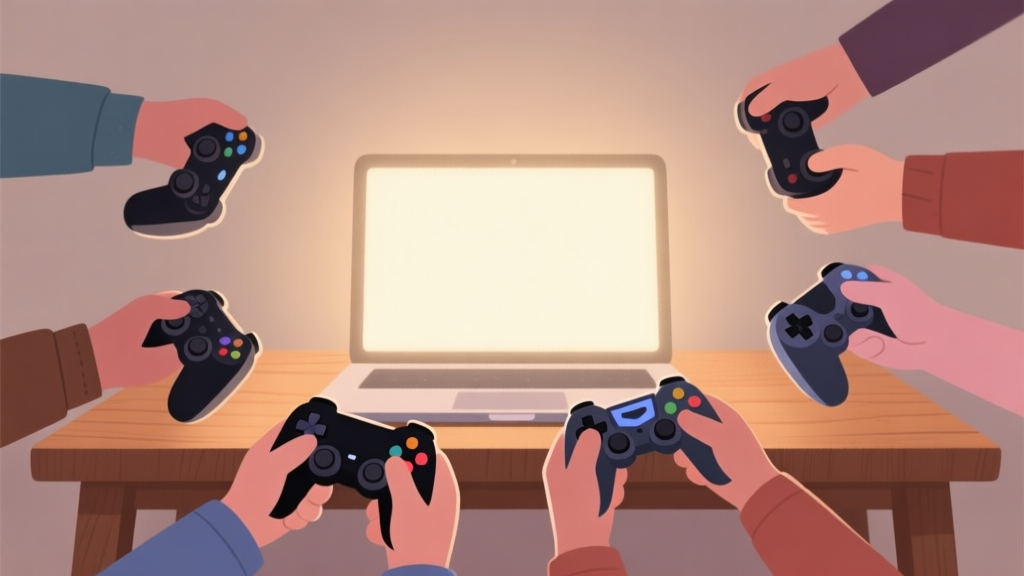 A cozy digital illustration of diverse hands holding game controllers, gathered around a softly glowing laptop screen on a wooden table, warm ambient lighting, minimalist style with muted colors high quality illustration, detailed, 16:9