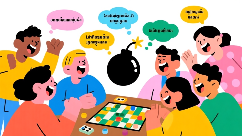 A dynamic, colorful illustration of a group of diverse people playing a board game, laughing and reacting with excitement. A cartoon-style ticking bomb is in the center, with words and thought bubbles floating around in Indonesian language. Minimalist, vibrant, and fun style. high quality illustration, detailed, 16:9