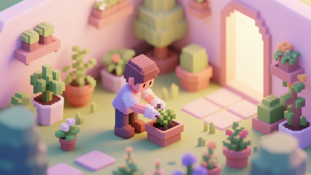 A cozy, warm digital illustration of a serene virtual garden with soft lighting, a character tending to pixel-art plants, pastel color palette, isometric view, evoking feelings of calm and relaxation high quality illustration, detailed, 16:9