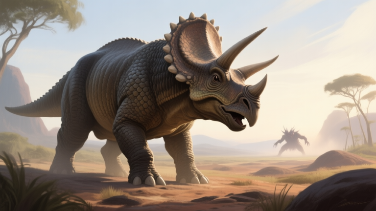 自动生成图片: A majestic and powerful Triceratops standing firm in a prehistoric landscape, facing a distant threat, soft morning light, detailed scales, focused and defensive posture, digital painting style high quality illustration, detailed, 16:9
