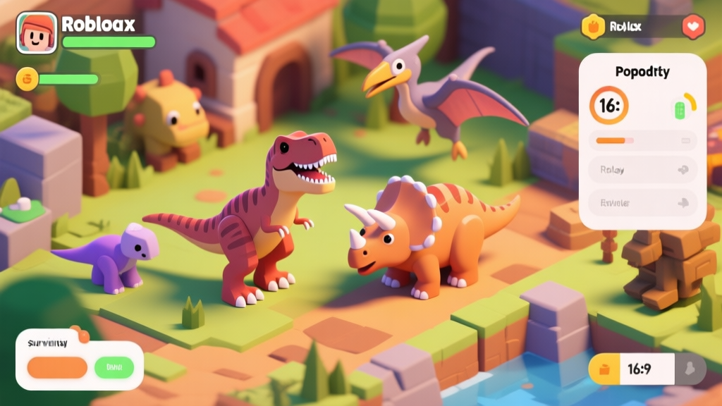A vibrant, isometric view of a diverse Roblox dinosaur game scene, showing a T-Rex, a Triceratops, and a Pterodactyl in different gameplay settings (survival, role-play, adventure), with a clean UI overlay indicating popularity metrics, soft cartoonish style with a warm color palette high quality illustration, detailed, 16:9