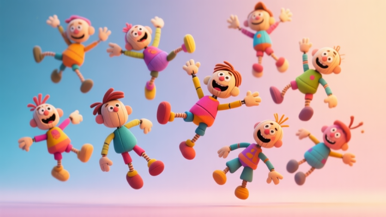 自动生成图片: A playful and chaotic 3D render of multiple ragdoll characters in mid-air against a soft gradient background, cartoonish physics simulation style, vibrant but not overly bright colors, comical and engaging vibe high quality illustration, detailed, 16:9