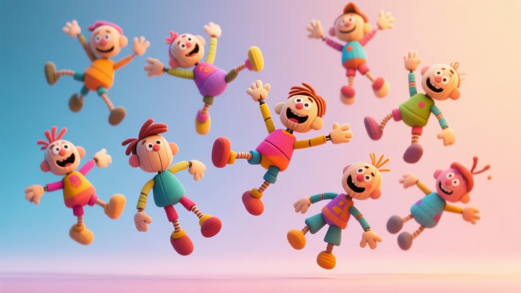 A playful and chaotic 3D render of multiple ragdoll characters in mid-air against a soft gradient background, cartoonish physics simulation style, vibrant but not overly bright colors, comical and engaging vibe high quality illustration, detailed, 16:9