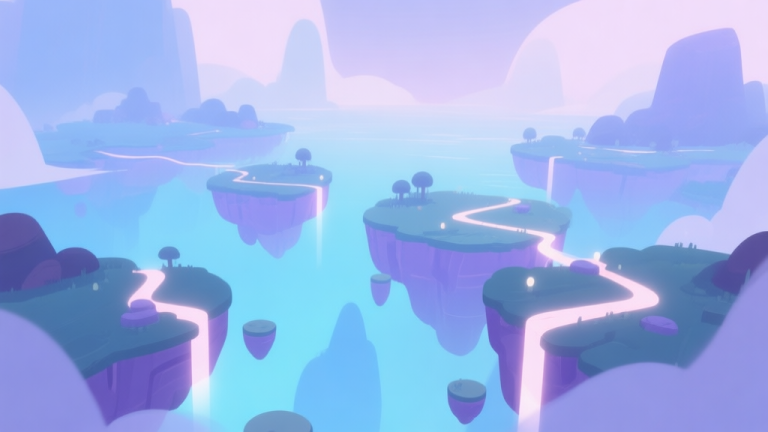 自动生成图片: A serene, mystical digital landscape with floating islands and soft glowing pathways, rendered in a soft pastel color palette of blues and purples, minimalist game art style, evoking a sense of exploration and discovery high quality illustration, detailed, 16:9