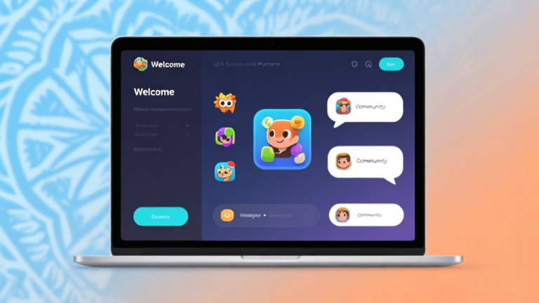 自动生成图片: A modern, welcoming digital platform interface on a laptop screen, showing game icons and community chat bubbles, with a subtle Indonesian batik pattern in the background, soft blue and orange gradient, clean and friendly design high quality illustration, detailed, 16:9