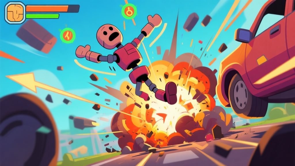 A stylized, dynamic video game illustration showing a cartoon crash dummy mid-air after a vehicle explosion, with visible force vectors and impact points highlighted, vibrant game art style, chaotic yet clear composition high quality illustration, detailed, 16:9