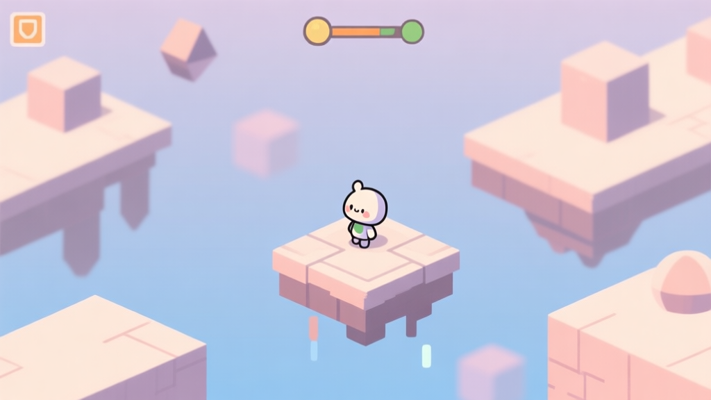A minimalist game scene showing a small, cute character on a floating platform, with simple geometric obstacles in the background, soft pastel colors, clean 2D video game art style high quality illustration, detailed, 16:9