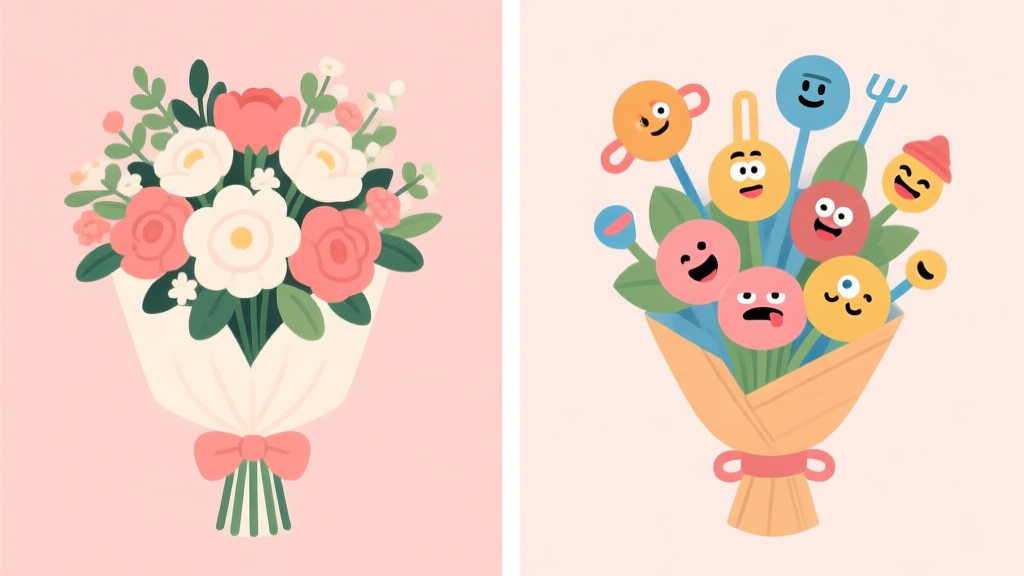 A split image showing a traditional elegant flower bouquet on one side and a humorous, quirky bouquet with funny props on the other, soft pastel background, flat illustration style, highlighting contrast high quality illustration, detailed, 16:9