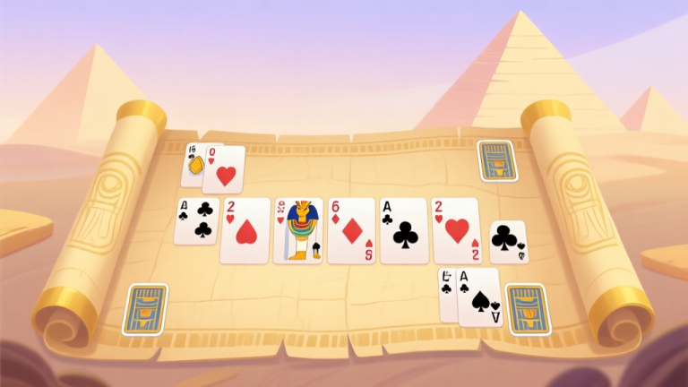 自动生成图片: A serene digital illustration of a solitaire card game layout overlaid on a subtle ancient Egyptian papyrus texture, with soft golden accents and minimalist pyramid silhouettes in the background, pastel color scheme, clean and inviting mobile game aesthetic high quality illustration, detailed, 16:9