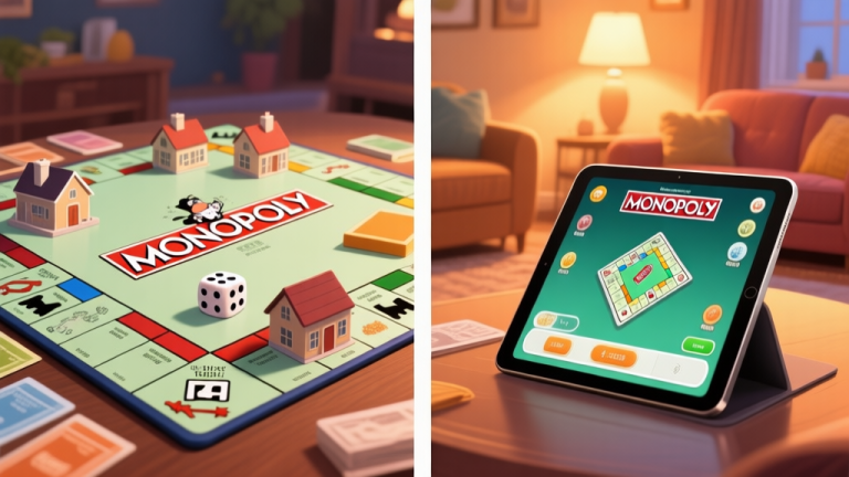 自动生成图片: Split-screen illustration showing a classic Monopoly board game with houses and a dice on one side, and a sleek tablet displaying a digital Monopoly game interface on the other, warm and inviting lighting, cozy home setting high quality illustration, detailed, 16:9