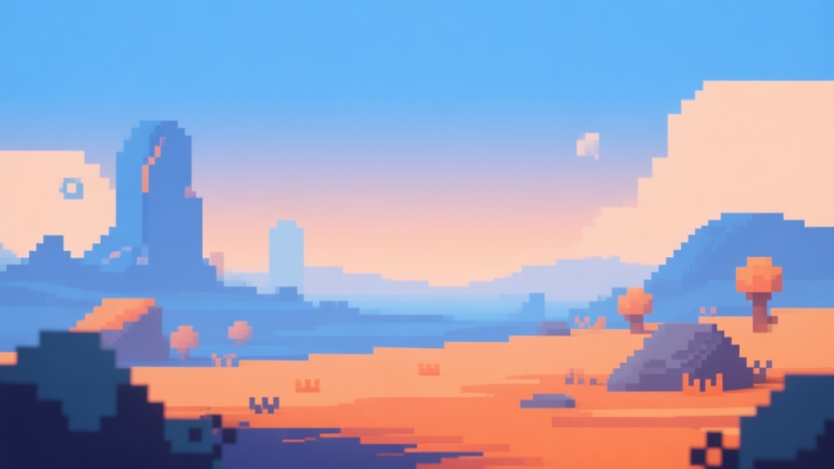 自动生成图片: Abstract digital landscape blending classic pixel art elements with modern 3D graphics, soft gradient background of blue and orange, representing hybrid gaming trends, minimalist design high quality illustration, detailed, 16:9