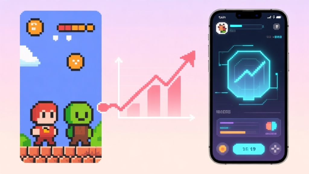 A split-screen illustration showing retro pixel art game characters on one side and sleek, modern holographic UI of a mobile game on the other, connected by a rising graph in the center, soft pastel background, digital art style high quality illustration, detailed, 16:9
