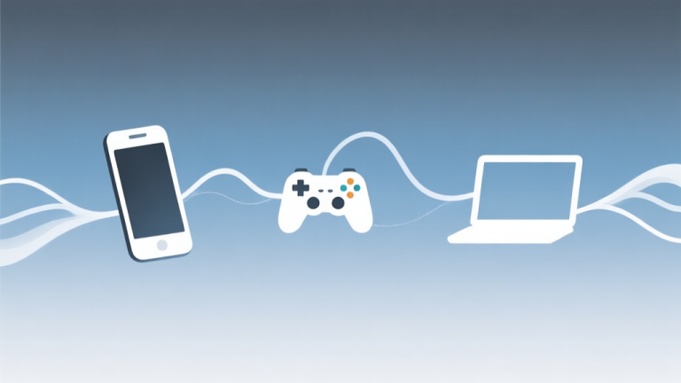 自动生成图片: A minimalist abstract illustration showing a smartphone, a game controller, and a laptop icon connected by flowing lines and waves, on a soft gradient background of muted blue and grey, representing platform convergence and digital connectivity high quality illustration, detailed, 16:9