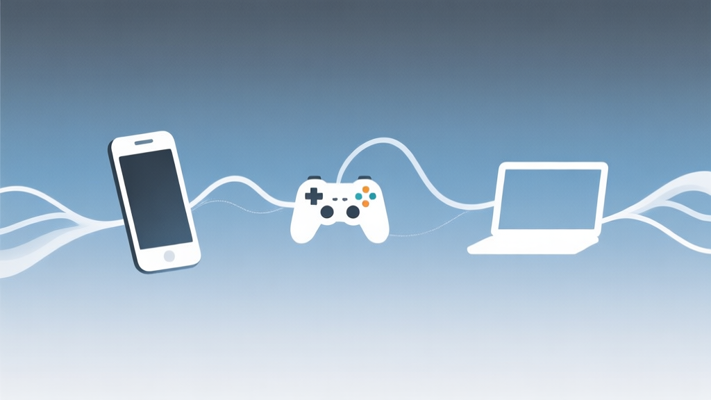 A minimalist abstract illustration showing a smartphone, a game controller, and a laptop icon connected by flowing lines and waves, on a soft gradient background of muted blue and grey, representing platform convergence and digital connectivity high quality illustration, detailed, 16:9